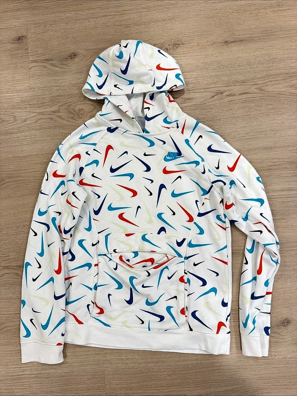 Nike Sportswear All Over Print Multi-Swoosh Hoodie White & Blue Large